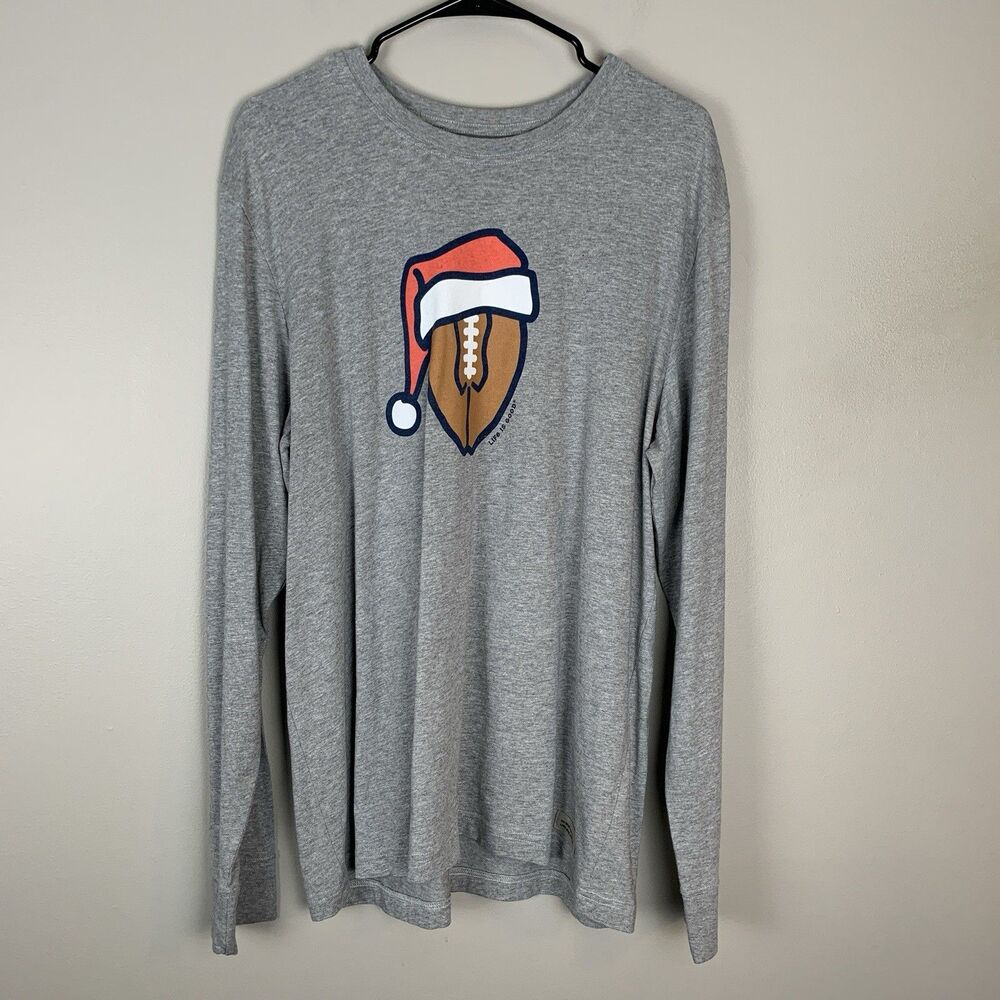 Life is Good Mens Large Long Sleeve Tee Shirt Santa Football Winter Christmas